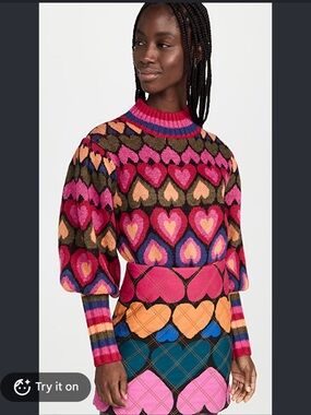 FARM Rio Multicolor Heart Jacquard Crewneck Sweater — Pink, Orange, Blue, Green